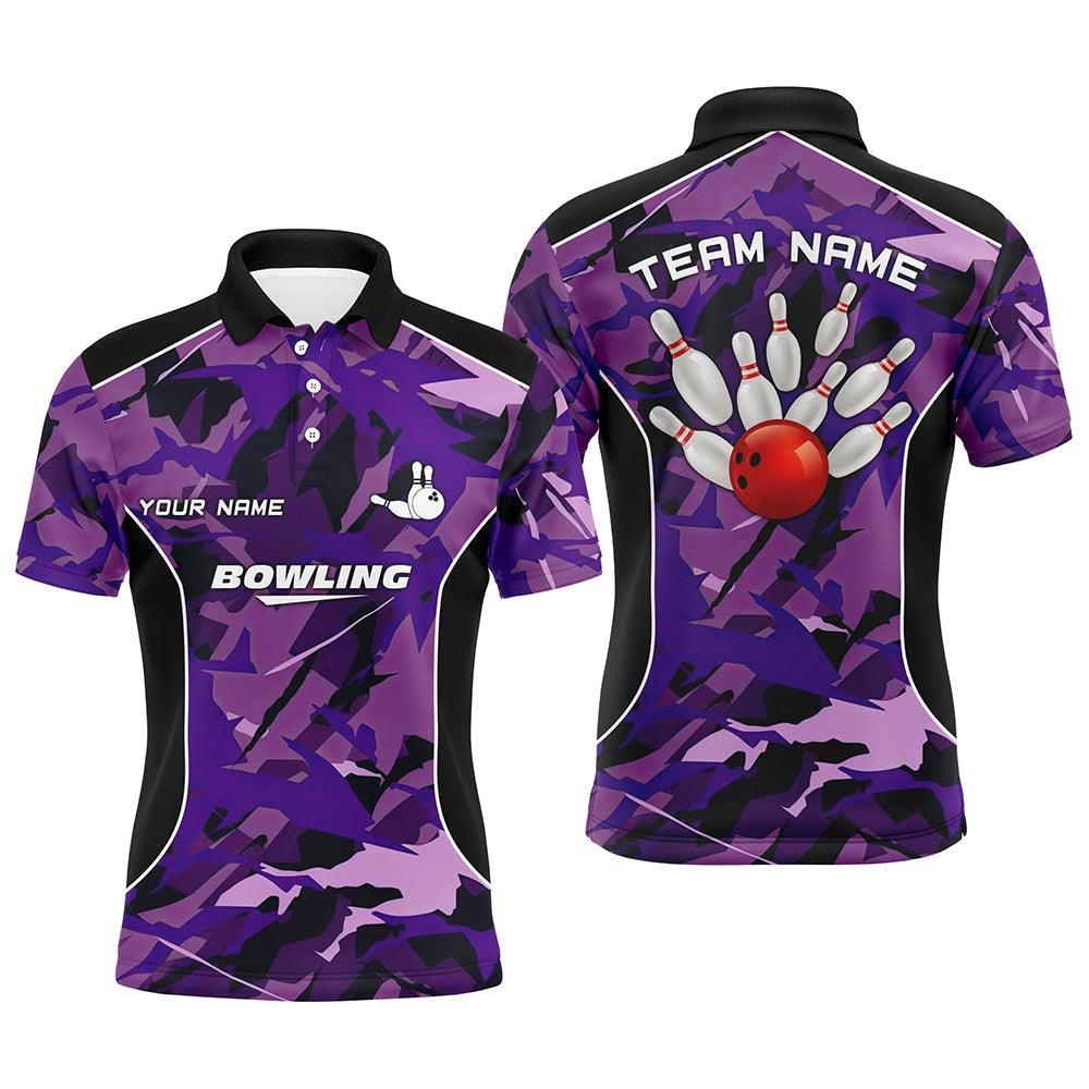 Custom Bowling Polo Shirts, Mens Polo Bowling Shirts Custom Bowling Ball And Pins Purple Camo Bowling Team Jersey For Men