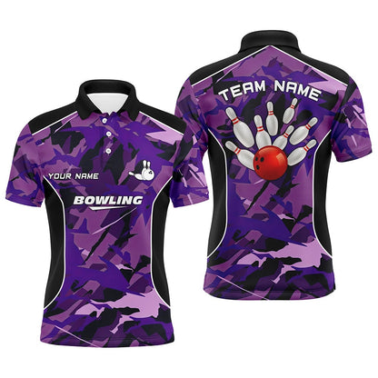 Custom Bowling Polo Shirts, Mens Polo Bowling Shirts Custom Bowling Ball And Pins Purple Camo Bowling Team Jersey For Men