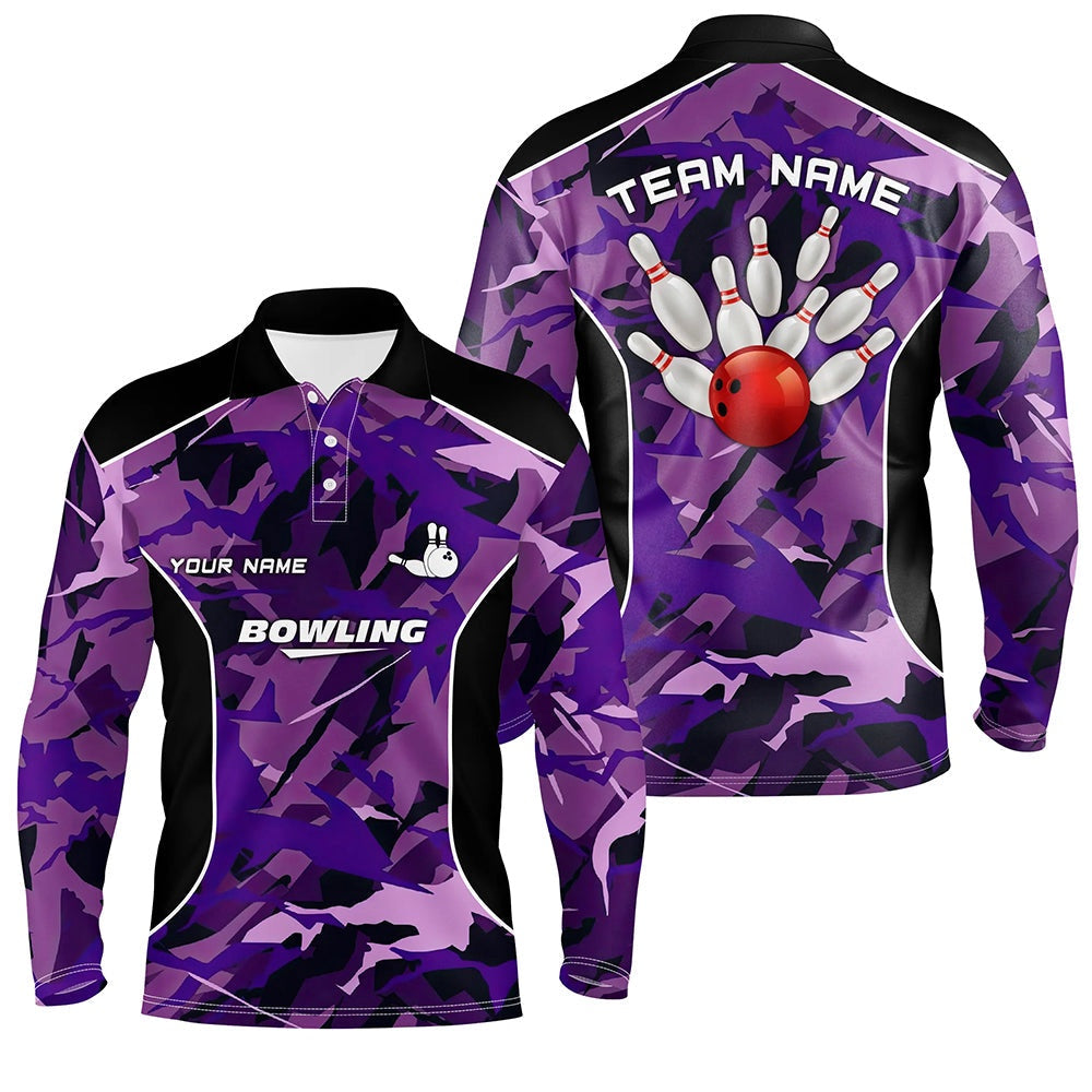 Custom Bowling Polo Shirts, Mens Polo Bowling Shirts Custom Bowling Ball And Pins Purple Camo Bowling Team Jersey For Men