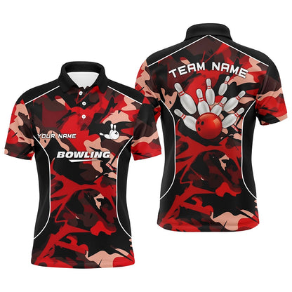 Custom Bowling Polo Shirts, Mens Polo Bowling Shirts Custom Bowling Ball And Pins Red Camo Bowling Team Jersey For Men