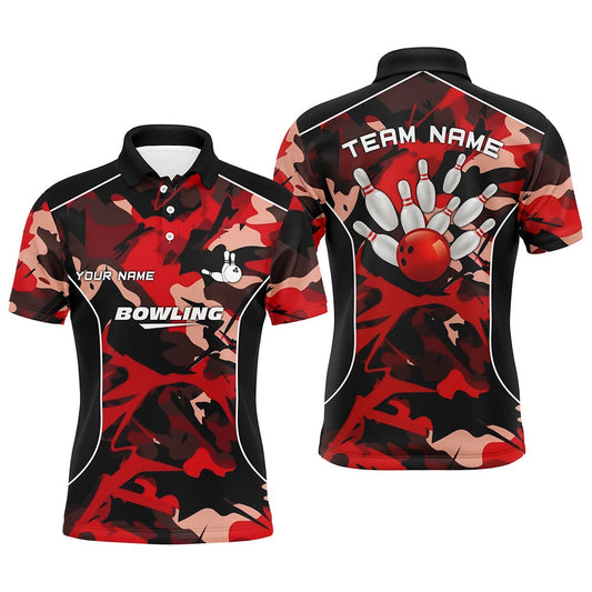 Custom Bowling Polo Shirts, Mens Polo Bowling Shirts Custom Bowling Ball And Pins Red Camo Bowling Team Jersey For Men