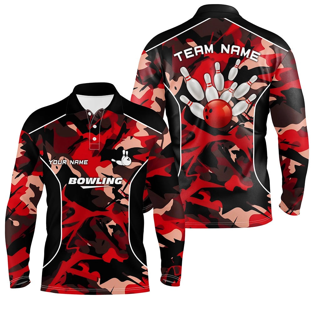 Custom Bowling Polo Shirts, Mens Polo Bowling Shirts Custom Bowling Ball And Pins Red Camo Bowling Team Jersey For Men