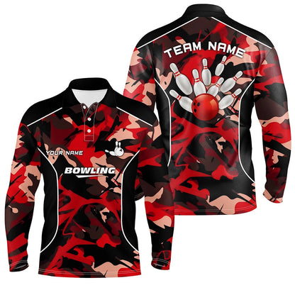Custom Bowling Polo Shirts, Mens Polo Bowling Shirts Custom Bowling Ball And Pins Red Camo Bowling Team Jersey For Men