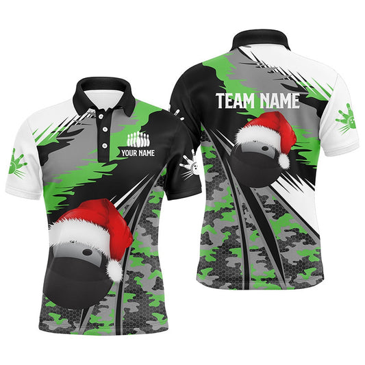 Custom Bowling Polo Shirts, Mens Polo Bowling Shirts Custom Christmas Bowling Ball Green Camo Bowling Team League Jersey