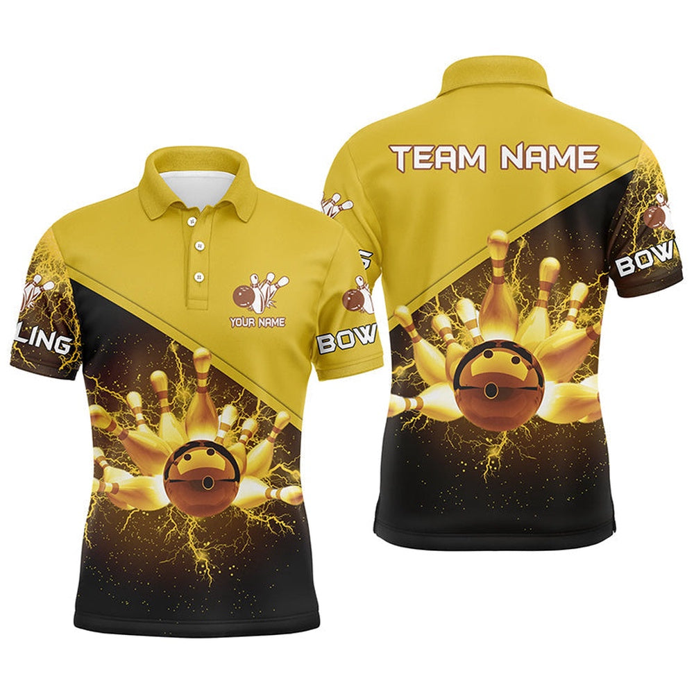 Custom Bowling Polo Shirts, Mens Polo Bowling Shirts Custom Gold Lightning Thunder Bowling Team Jersey, Gift For Team Bowlers