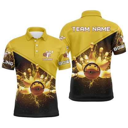 Custom Bowling Polo Shirts, Mens Polo Bowling Shirts Custom Gold Lightning Thunder Bowling Team Jersey, Gift For Team Bowlers