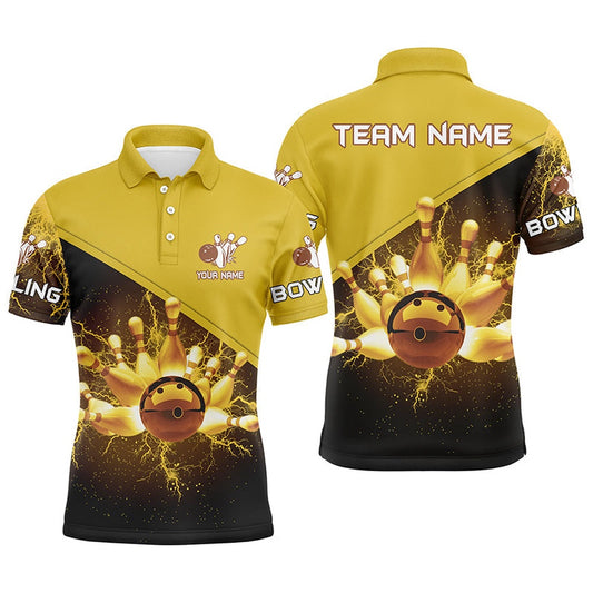 Custom Bowling Polo Shirts, Mens Polo Bowling Shirts Custom Gold Lightning Thunder Bowling Team Jersey, Gift For Team Bowlers