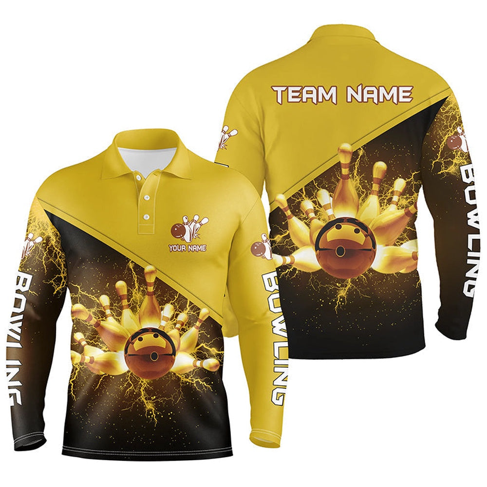 Custom Bowling Polo Shirts, Mens Polo Bowling Shirts Custom Gold Lightning Thunder Bowling Team Jersey, Gift For Team Bowlers