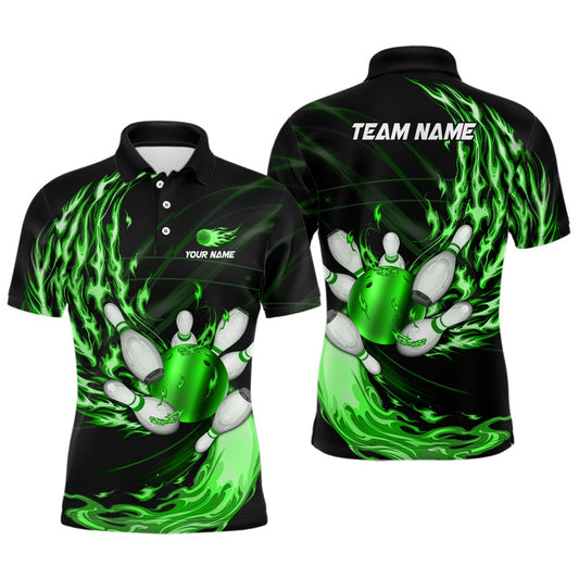 Custom Bowling Polo Shirts, Mens Polo Bowling Shirts Custom Green Flame Bowling Ball And Pins Team League Bowler Jersey