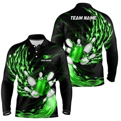 Custom Bowling Polo Shirts, Mens Polo Bowling Shirts Custom Green Flame Bowling Ball And Pins Team League Bowler Jersey