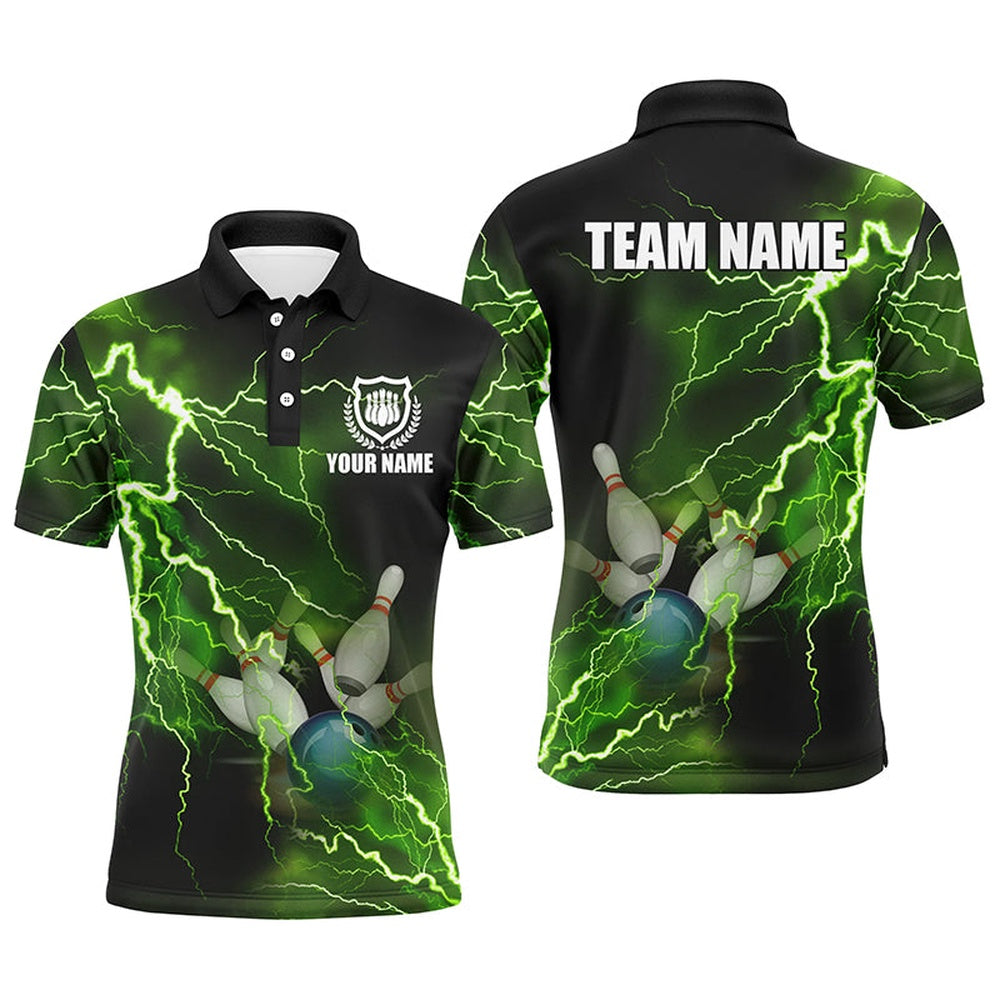 Custom Bowling Polo Shirts, Mens Polo Bowling Shirts Custom Green Lightning Thunder Bowling Team Jersey, Gift For Team Bowlers