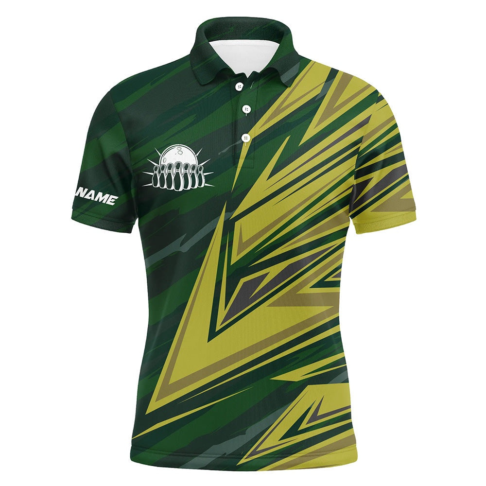 Custom Bowling Polo Shirts, Mens Polo Bowling Shirts Custom Green Yellow Camo Bowling Team Jersey, Gift For Team Bowlers