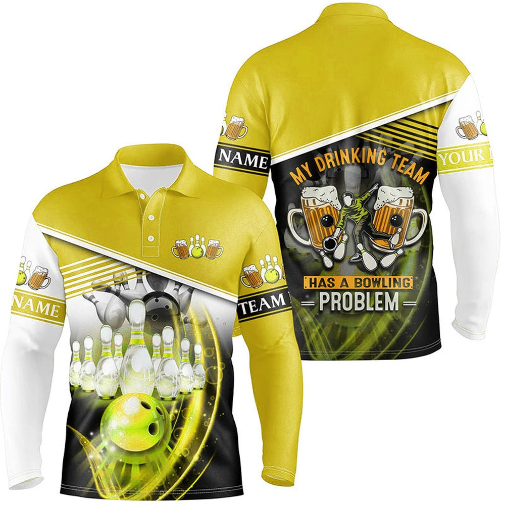 Custom Bowling Polo Shirts, Mens Polo Bowling Shirts Custom My Drinking Team Has A Bowling Problem Team League Jerseys Yellow