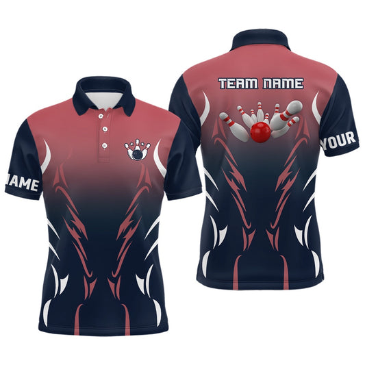 Custom Bowling Polo Shirts, Mens Polo Bowling Shirts Custom Navy And Red Retro Bowling Team Shirts, Custom Bowling Jerseys