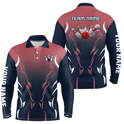 Custom Bowling Polo Shirts, Mens Polo Bowling Shirts Custom Navy And Red Retro Bowling Team Shirts, Custom Bowling Jerseys
