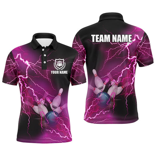 Custom Bowling Polo Shirts, Mens Polo Bowling Shirts Custom Pink Lightning Thunder Bowling Team Jersey, Gift For Team Bowlers