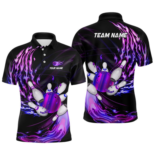 Custom Bowling Polo Shirts, Mens Polo Bowling Shirts Custom Purple Flame Bowling Ball And Pins Team League Bowler Jersey