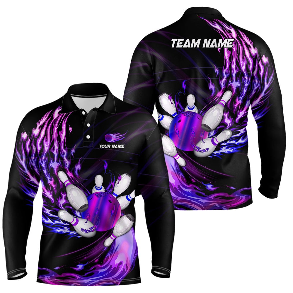 Custom Bowling Polo Shirts, Mens Polo Bowling Shirts Custom Purple Flame Bowling Ball And Pins Team League Bowler Jersey