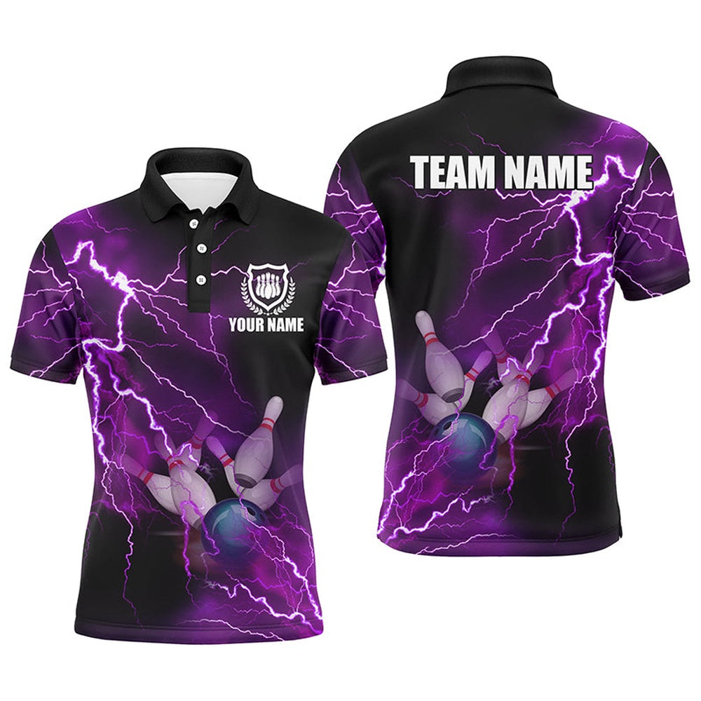 Custom Bowling Polo Shirts, Mens Polo Bowling Shirts Custom Purple Lightning Thunder Bowling Team Jersey, Gift For Team Bowlers