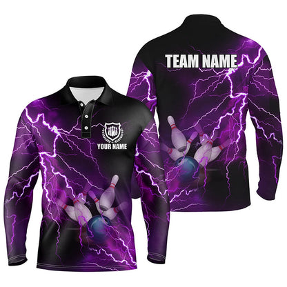 Custom Bowling Polo Shirts, Mens Polo Bowling Shirts Custom Purple Lightning Thunder Bowling Team Jersey, Gift For Team Bowlers