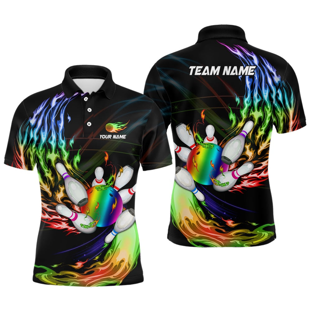 Custom Bowling Polo Shirts, Mens Polo Bowling Shirts Custom Rainbow Flame Bowling Ball And Pins Team League Bowler Jersey