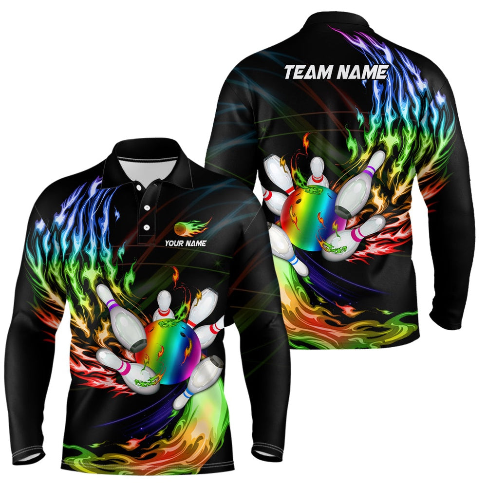 Custom Bowling Polo Shirts, Mens Polo Bowling Shirts Custom Rainbow Flame Bowling Ball And Pins Team League Bowler Jersey