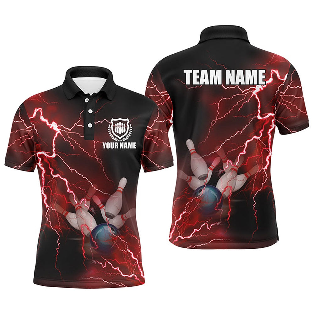 Custom Bowling Polo Shirts, Mens Polo Bowling Shirts Custom Red Lightning Thunder Bowling Team Jersey, Gift For Team Bowlers