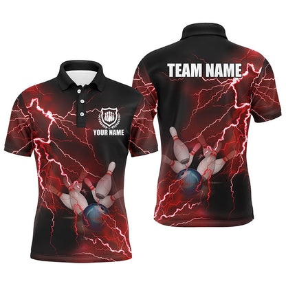 Custom Bowling Polo Shirts, Mens Polo Bowling Shirts Custom Red Lightning Thunder Bowling Team Jersey, Gift For Team Bowlers