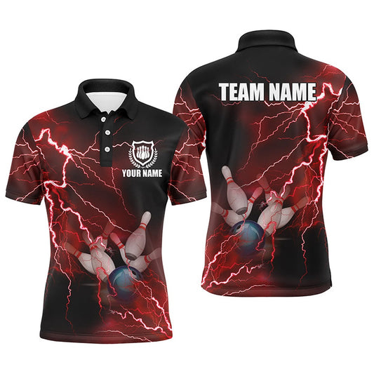 Custom Bowling Polo Shirts, Mens Polo Bowling Shirts Custom Red Lightning Thunder Bowling Team Jersey, Gift For Team Bowlers