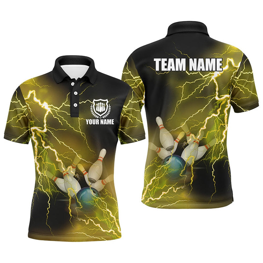 Custom Bowling Polo Shirts, Mens Polo Bowling Shirts Custom Yellow Lightning Thunder Bowling Team Jersey, Gift For Team Bowlers