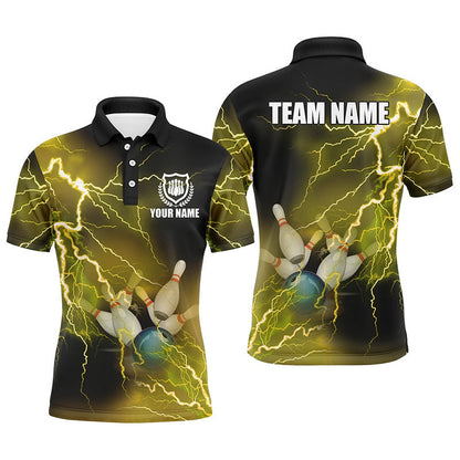 Custom Bowling Polo Shirts, Mens Polo Bowling Shirts Custom Yellow Lightning Thunder Bowling Team Jersey, Gift For Team Bowlers