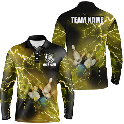 Custom Bowling Polo Shirts, Mens Polo Bowling Shirts Custom Yellow Lightning Thunder Bowling Team Jersey, Gift For Team Bowlers