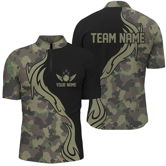 Custom Bowling Polo Shirts, Military Green Camo Custom Army Bowling Team Shirts Personalized Bowling League Shirts For Men