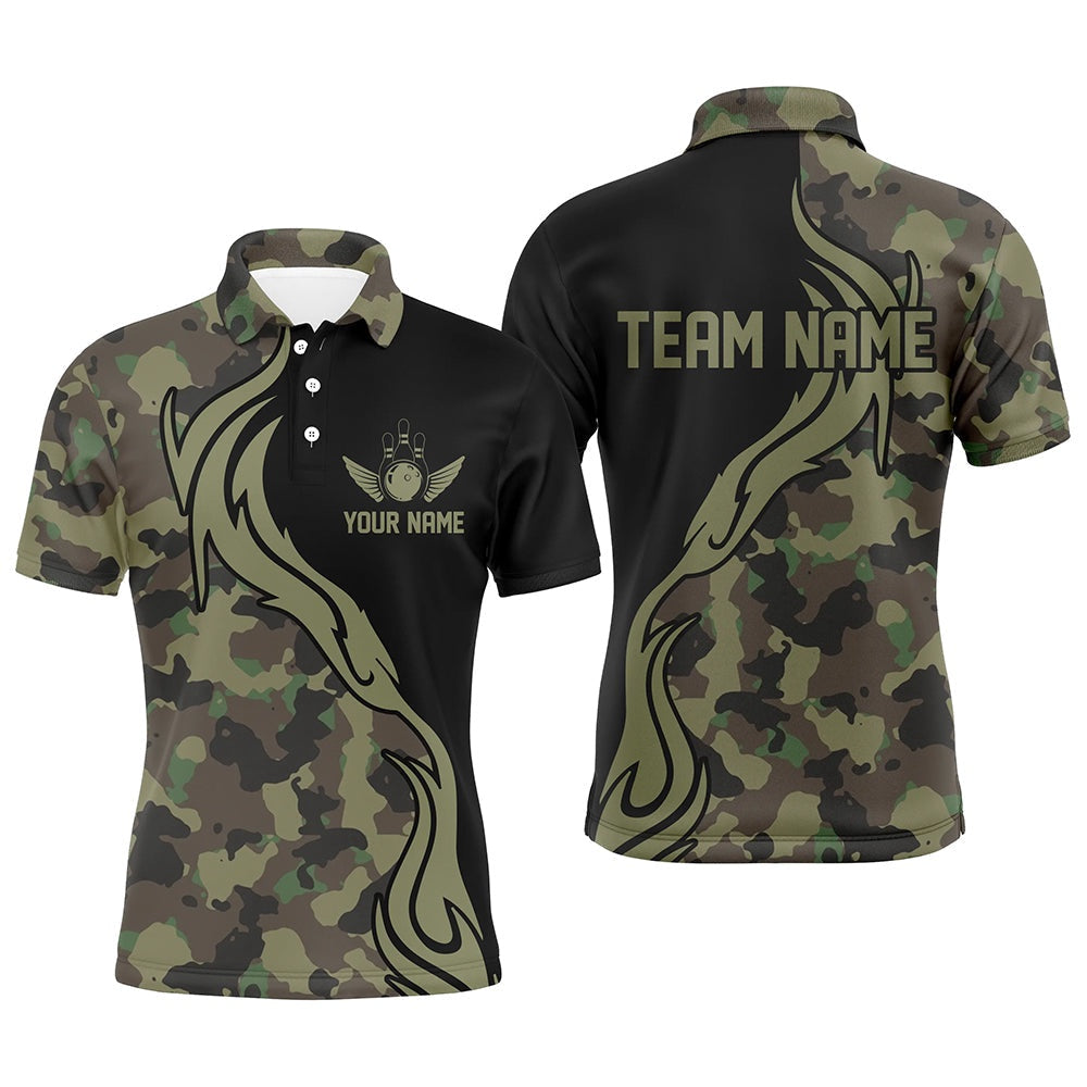 Custom Bowling Polo Shirts, Military Green Camo Custom Army Bowling Team Shirts Personalized Bowling League Shirts For Men