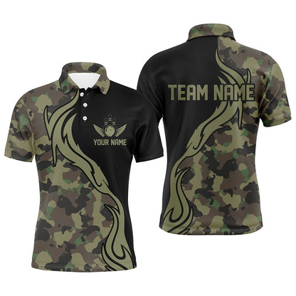 Custom Bowling Polo Shirts, Military Green Camo Custom Army Bowling Team Shirts Personalized Bowling League Shirts For Men
