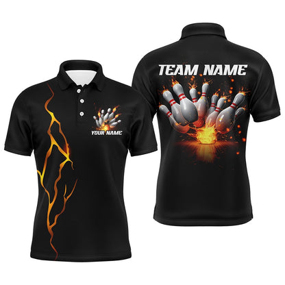 Custom Bowling Polo Shirts, Multicolor Flame Thunder Custom Bowling Shirts With Name, Bowling League Shirts For Team Bowlers Outfits