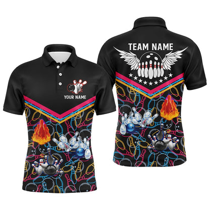 Custom Bowling Polo Shirts, Multicolor Pattern Black Bowling Polo Shirts For Men, Custom Team Bowling Jerseys For Men Bowlers
