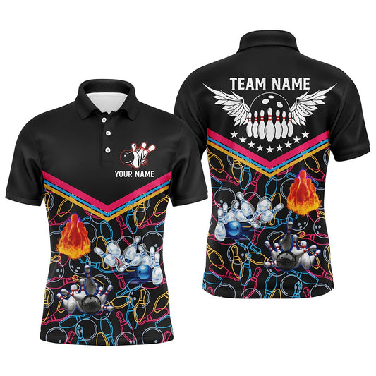 Custom Bowling Polo Shirts, Multicolor Pattern Black Bowling Polo Shirts For Men, Custom Team Bowling Jerseys For Men Bowlers