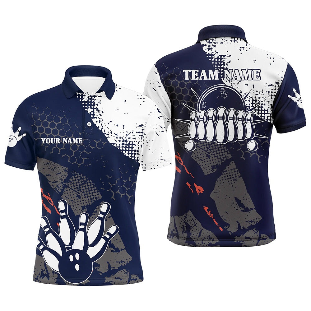 Custom Bowling Polo Shirts, Navy And White Mens Polo Bowling Shirts Custom Retro Bowling Ball Pins Bowling Team League Jerseys