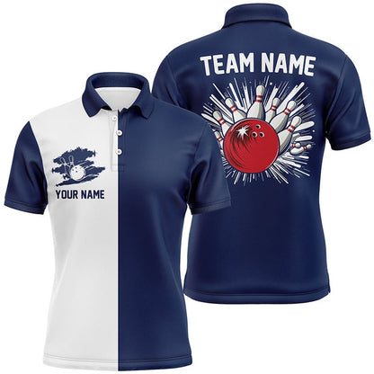 Custom Bowling Polo Shirts, Navy Blue And White Retro Bowling Shirts For Men Custom Team Bowling Jerseys Gift For Bowlers
