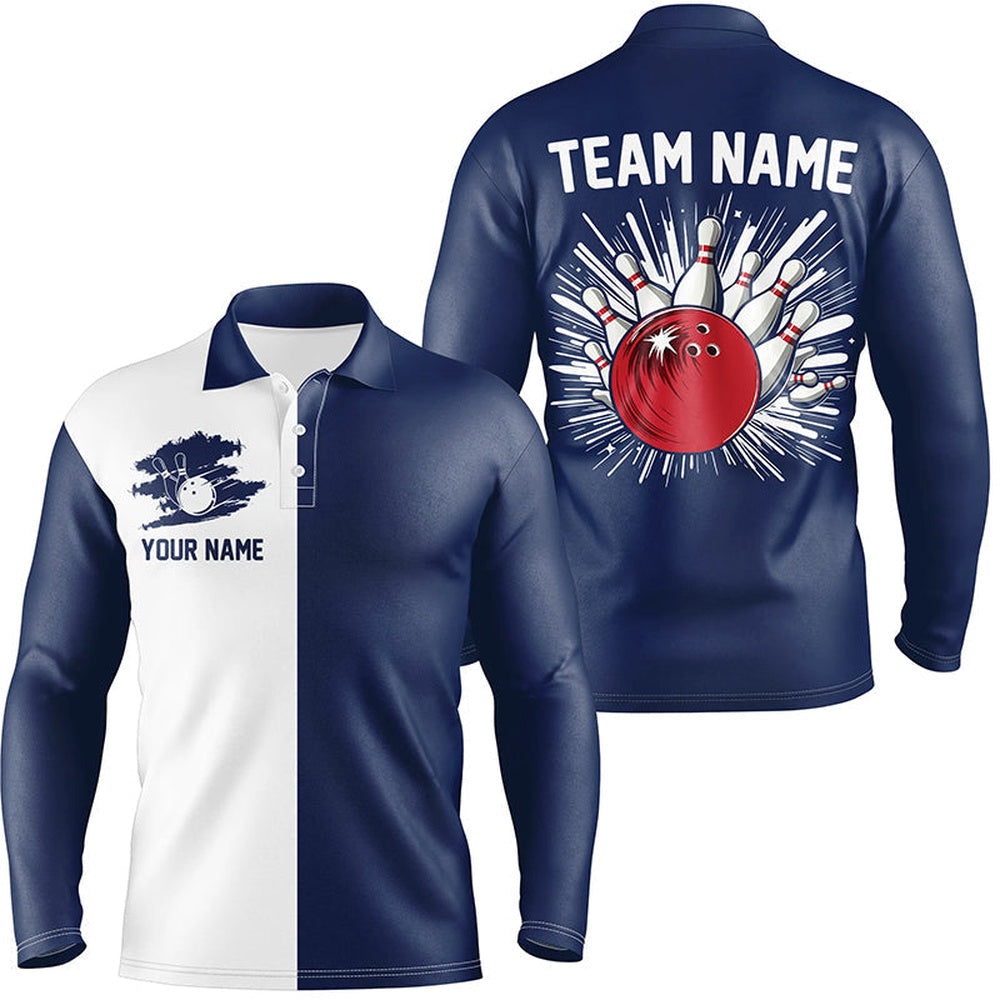 Custom Bowling Polo Shirts, Navy Blue And White Retro Bowling Shirts For Men Custom Team Bowling Jerseys Gift For Bowlers
