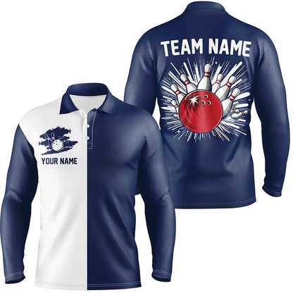 Custom Bowling Polo Shirts, Navy Blue And White Retro Bowling Shirts For Men Custom Team Bowling Jerseys Gift For Bowlers