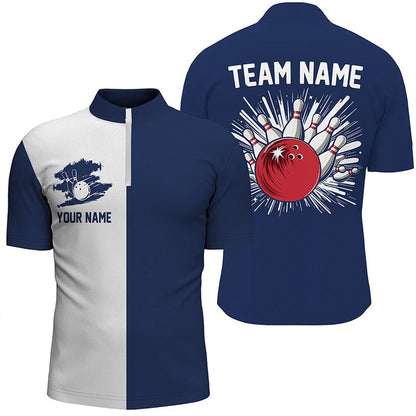 Custom Bowling Polo Shirts, Navy Blue And White Retro Bowling Shirts For Men Custom Team Bowling Jerseys Gift For Bowlers