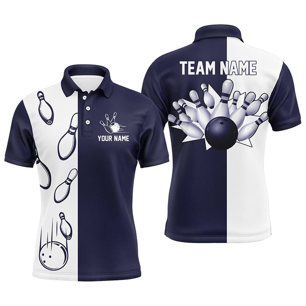 Custom Bowling Polo Shirts, Navy Blue And White Retro Vintage Bowling Polo Shirts For Men Custom Bowling Team Jerseys