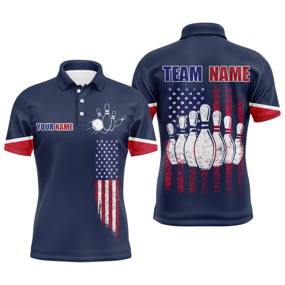 Custom Bowling Polo Shirts, Navy Bowling Polo Shirt For Men Custom American Bowling Team Jersey Patriot Bowling Shirt