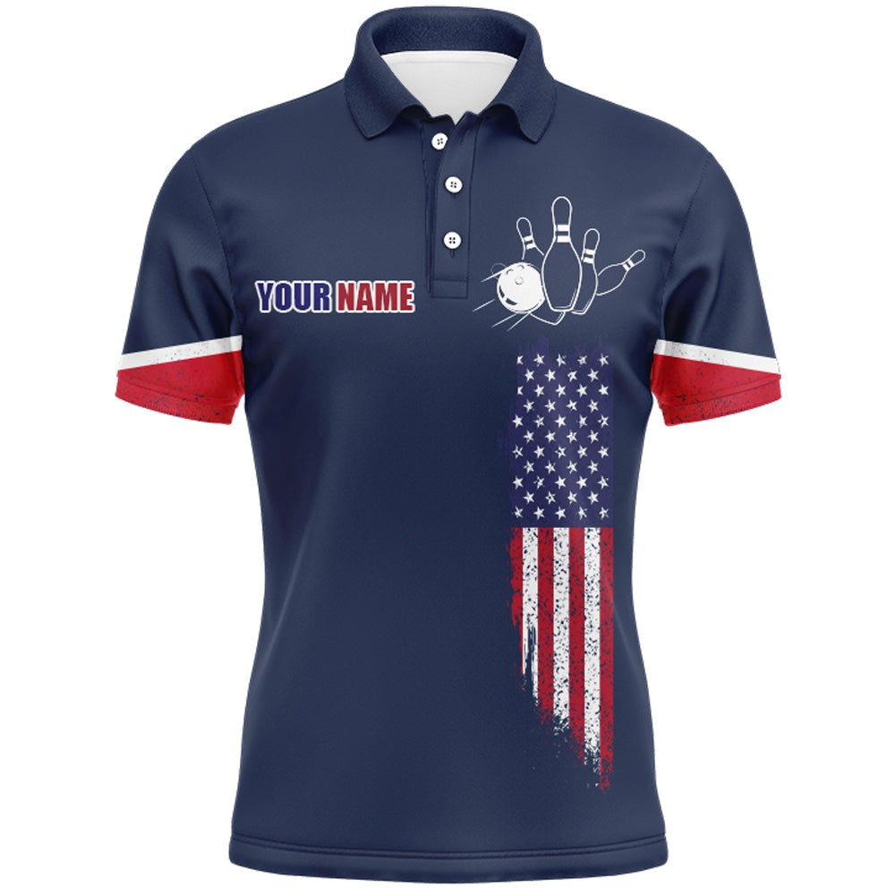 Custom Bowling Polo Shirts, Navy Bowling Polo Shirt For Men Custom American Bowling Team Jersey Patriot Bowling Shirt