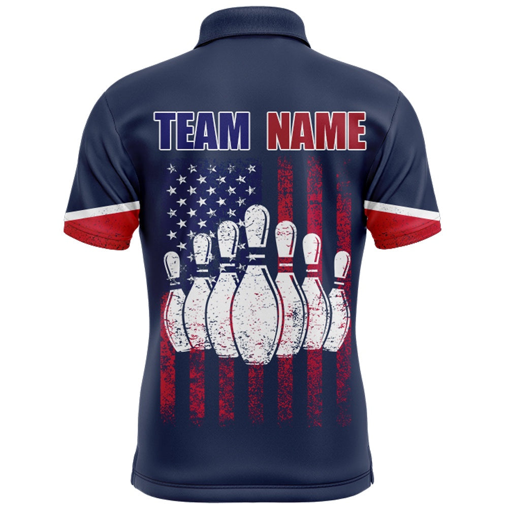 Custom Bowling Polo Shirts, Navy Bowling Polo Shirt For Men Custom American Bowling Team Jersey Patriot Bowling Shirt