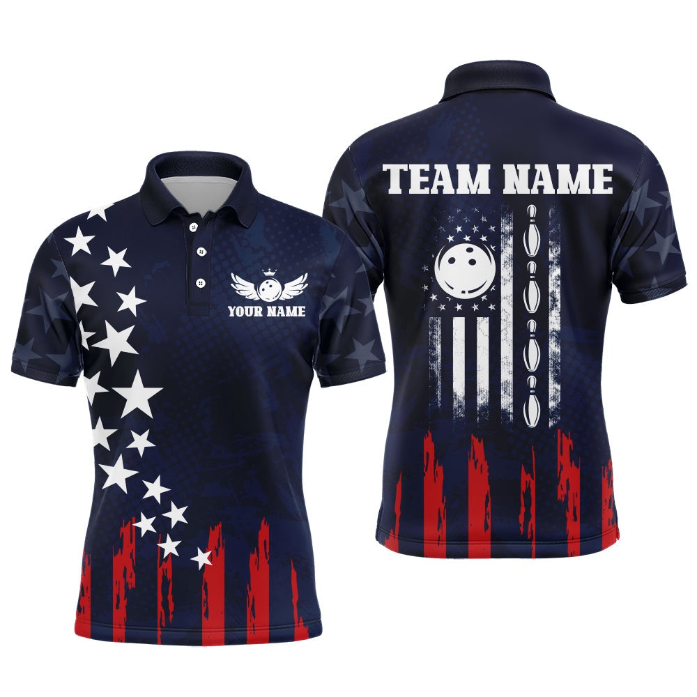 Custom Bowling Polo Shirts, Navy Bowling Polo Shirt Men American Bowling Team Jersey Custom Star Bowling Shirts