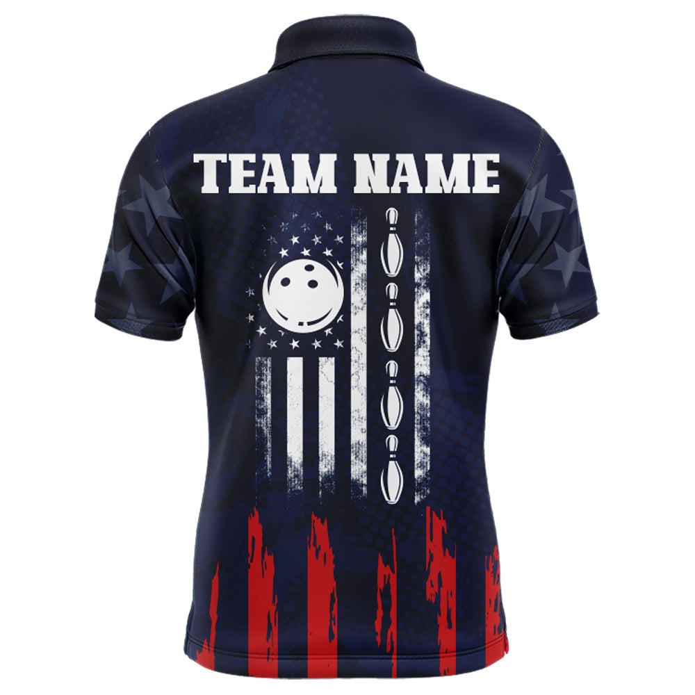 Custom Bowling Polo Shirts, Navy Bowling Polo Shirt Men American Bowling Team Jersey Custom Star Bowling Shirts