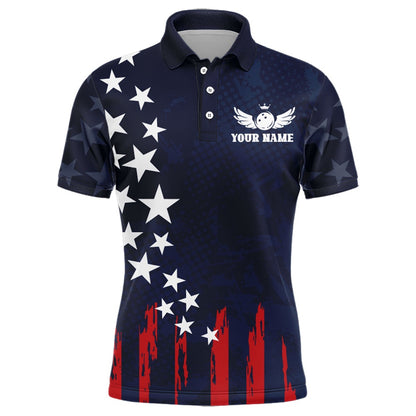 Custom Bowling Polo Shirts, Navy Bowling Polo Shirt Men American Bowling Team Jersey Custom Star Bowling Shirts